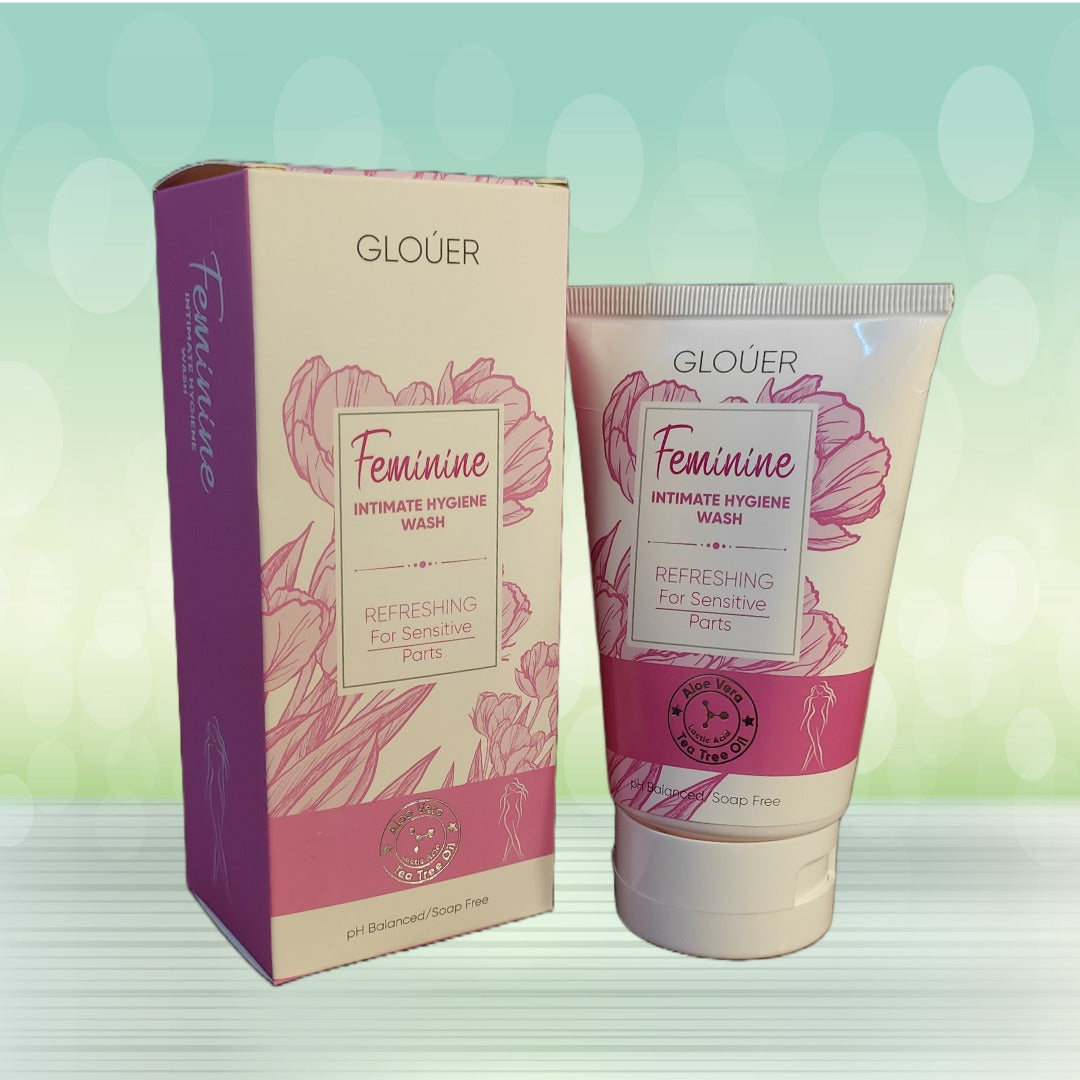 Glover Feminine Intimate Hygiene Wash packaging and tube on a light green background